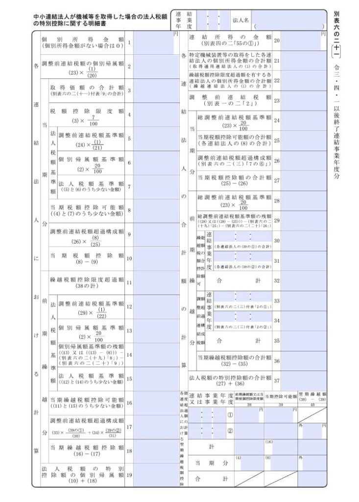 【入力用pdf】別表六の二 十一 中小連結法人が機械等を取得した場合の法人税額の特別控除に関する明細書 令和3年4月1日以後終了連結事業年度分