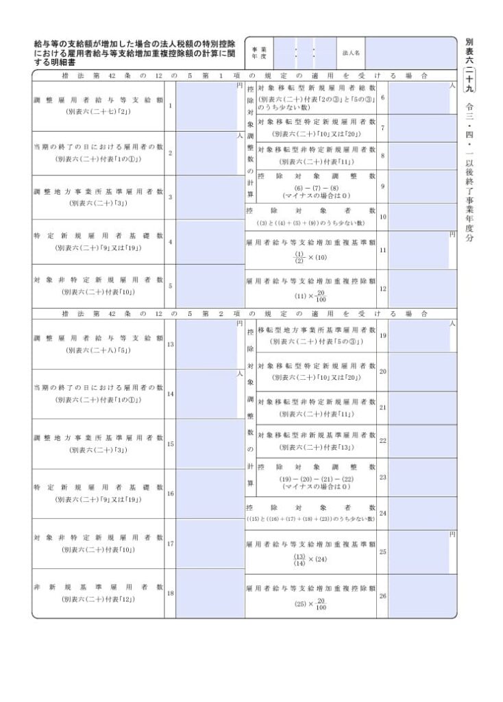 【入力用pdf】別表六 二十九 給与等の支給額が増加した場合の法人税額の特別控除における雇用者給与等支給増加重複控除額の計算に関する明細書