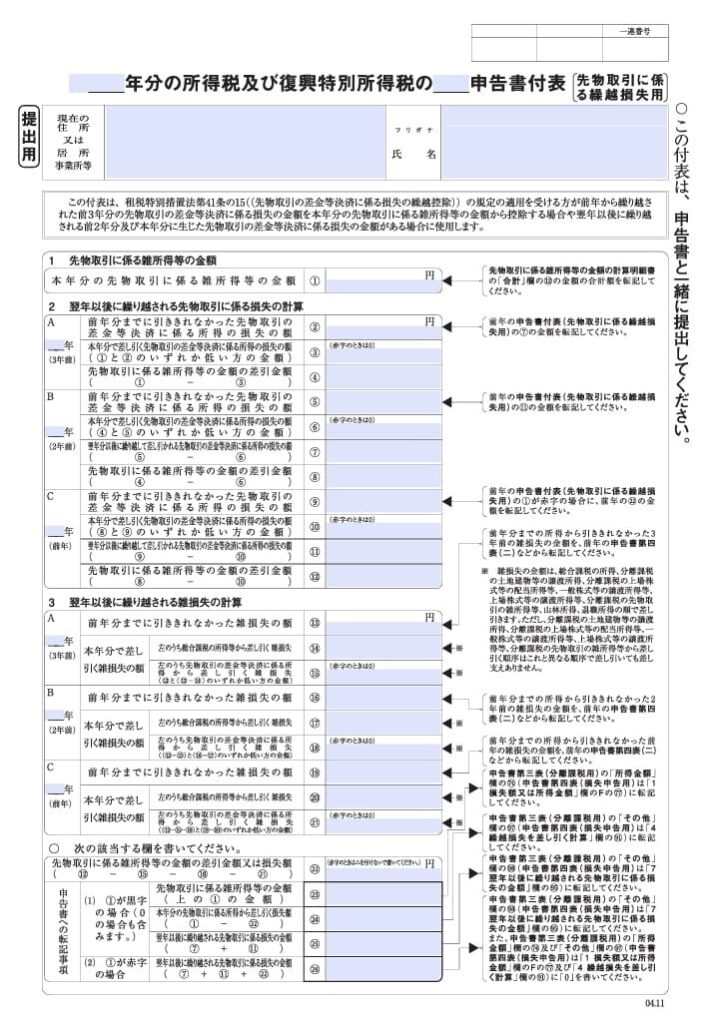 【入力用pdf】 所得税及び復興特別所得税の申告書 付表 先物取引に係る繰越損失用 04 11改正 らくらくpdf