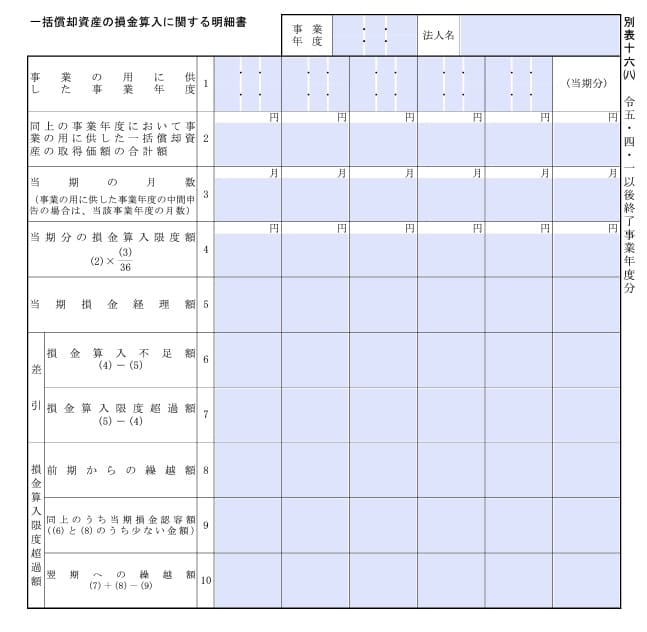 【入力用PDF】別表十六(八) 一括償却資産の損金算入に関する明細書(令和5年4月1日以後終了事業年度分)