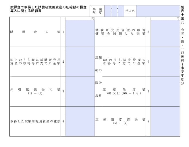 入力用PDF】別表十三(八) 賦課金で取得した試験研究用資産の圧縮額の損金算入に関する明細書(令和5年4月1日以後終了事業年度分) – らくらくPDF